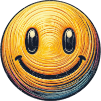 A yellow smiley face with a spiral design and a cheerful expression