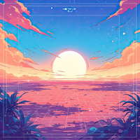 Retro futuristic landscape with a large sun and grid terrain