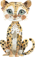 Cartoon leopard with green eyes and spotted fur sitting on its haunches.