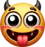 A yellow emoji face with devil horns, wide eyes, and tongue sticking out, indicating a playful and cheeky mood.