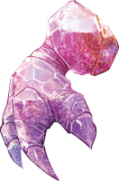 A pink crystal gauntlet with a hooded design and sharp claws