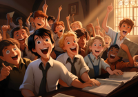 A group of diverse students celebrating and smiling in a classroom setting.