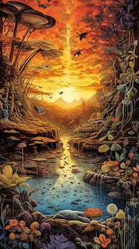 Surreal landscape with a stream, mushrooms, and a vibrant sunset sky