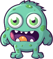 A green cartoon monster with large green eyes and sharp teeth