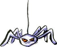 A white cartoon spider with orange eyes hanging from a thread against a black background