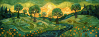 A colorful landscape painting with green hills, trees, and a yellow sunset.