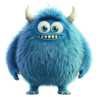 A smiling blue furry monster with large eyes and horns