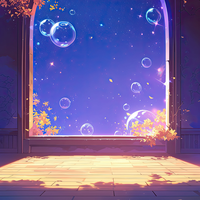 A large, arched window with bubbles floating inside, surrounded by flowers and foliage.