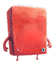 A red cube with arms, legs, and a numbered tag on a black background