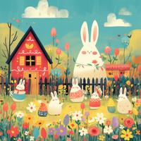 Illustration of Easter bunnies in a garden with a red house and colorful flowers