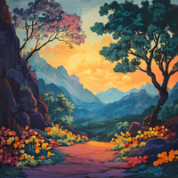 A serene mountain landscape at sunset with a winding path and vibrant flowers