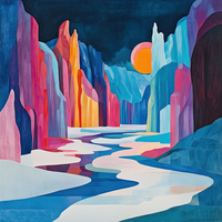 Stylized canyon with colorful rock formations and a winding river