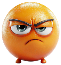 An angry orange cartoon character with a frowning face