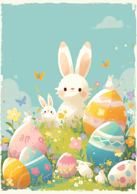 Illustration of a white bunny and Easter eggs in a field