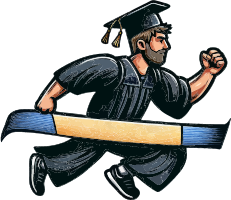 Cartoon graduate in black academic regalia crossing a finish line