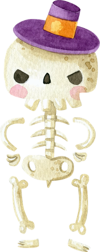 Watercolor skeleton with a purple witch hat and orange band