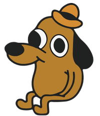 A brown cartoon dog with a hat and big eyes