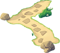 A cartoon illustration of a winding stone path with rocks and greenery