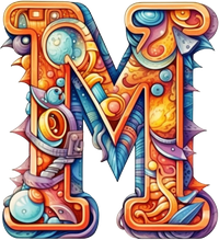 An ornate, multicolored letter M with decorative elements.