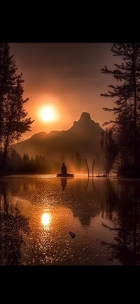 A person in a canoe on a lake at sunset with mountains in the background