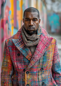 Man in a colorful plaid coat and scarf standing in front of a graffiti wall