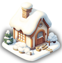 Illustration of a snowy cottage with a chimney and trees