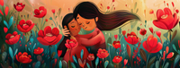 Illustration of a mother and child hugging in a field of red poppies