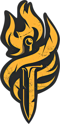 A yellow and black logo featuring a sword surrounded by flames