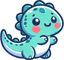 Illustration of a smiling, turquoise cartoon dinosaur with rosy cheeks