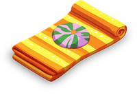 Illustration of a rolled-up orange beach towel with a green and pink circle design