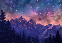Mountain range under a colorful starry sky