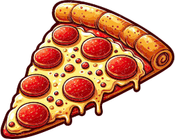 A cartoon illustration of a slice of pepperoni pizza