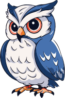 Cartoon blue owl with large round eyes and orange beak