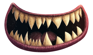 A digital illustration of a monster's open mouth with large, pointed teeth.