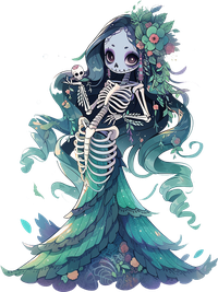 Illustration of a skeleton woman in a flowing teal gown holding a smaller skeleton child, surrounded by floral motifs and swirling fabric.