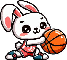 Cartoon rabbit in red basketball jersey holding a basketball