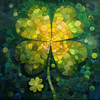 Mosaic four-leaf clover artwork with a smaller clover and green background