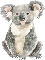 A cute koala with a smiling face, depicted in a pixel art style against a black background.