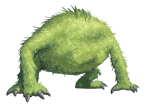 A green furry monster with sharp claws on its feet.