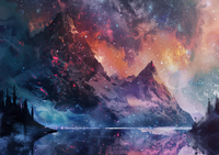 A fantastical mountain range with a lake in the foreground and a colorful galaxy above.