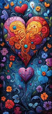 A large, ornate heart with swirling patterns, surrounded by smaller hearts and flowers in various colors.