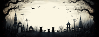 A dark, gothic cemetery scene with tombstones, church spires, and flying birds.