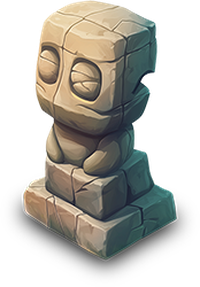 A stone statue with a cube-shaped head and a simple, blocky body