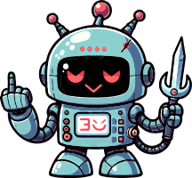 A blue robot with red eyes holding a sword and pointing