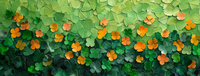 A lush green background with vibrant orange flowers