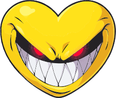 A cartoon heart with a menacing grin and red eyes