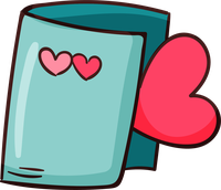 Cartoon mug with two hearts on it and a heart behind it