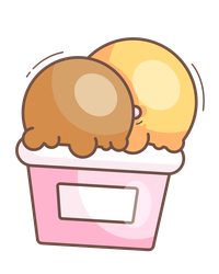 Cartoon illustration of a pink cup with two scoops of ice cream, one chocolate and one vanilla.