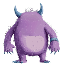 Pixelated purple monster with blue horns and claws