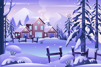 A cartoon house in a snowy landscape with trees and a fence.